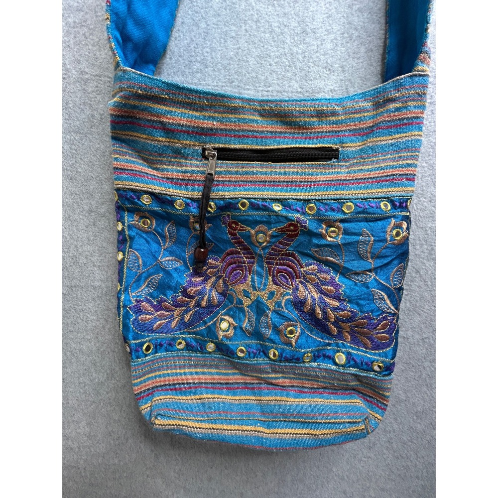 Tribe Azure Blue Boho Peacock Embroidered Mirror Crossbody Hobo Bag Handcrafted